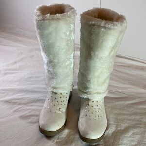 Justice Cream Faux Fur Tall Winter Boots with Crystal Accents
